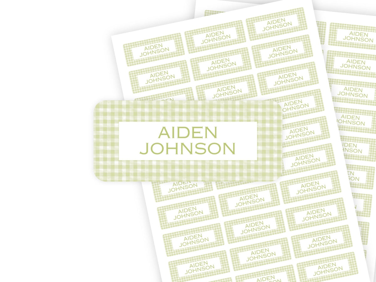 Green Gingham name label close-up