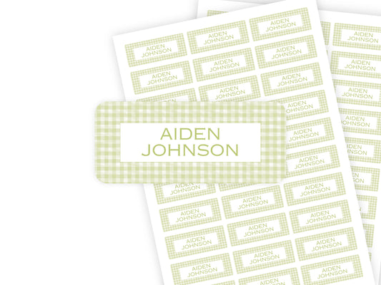 Green Gingham name label close-up