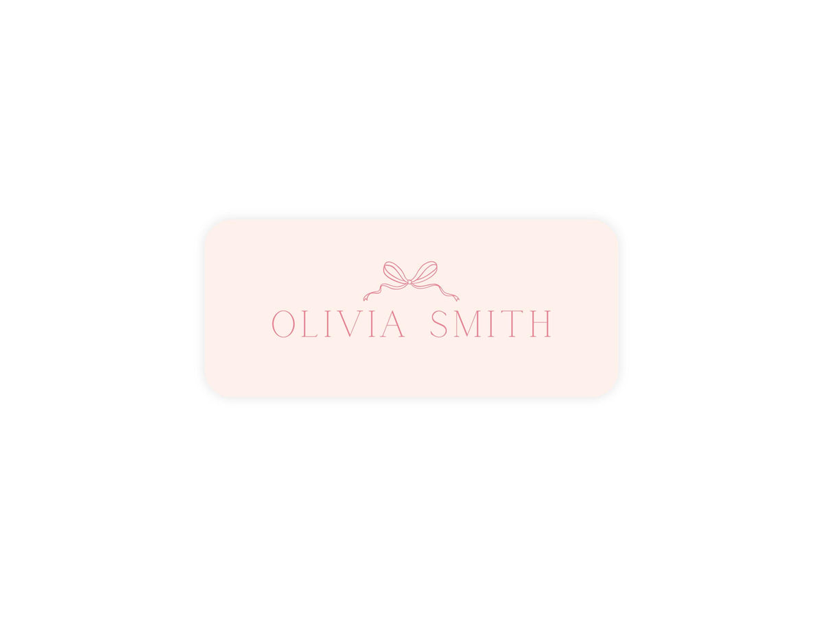 Pink Bow name label close-up
