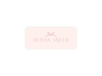 Pink Bow name label close-up