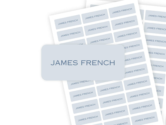 Fog Blue & Navy name label close-up