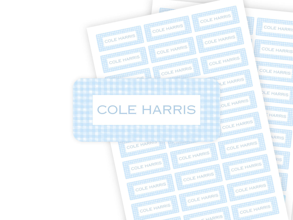 Baby Blue Gingham name label close-up