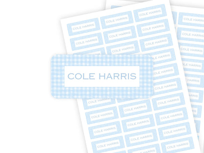 Baby Blue Gingham name label close-up
