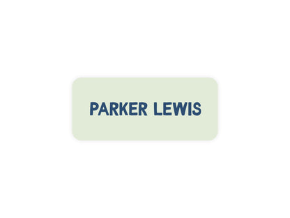 Green & Navy name label close-up
